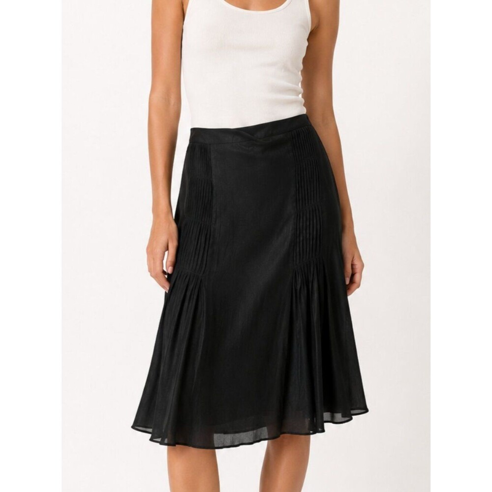 I.E. 100% Silk Black Flared Skirt Size 10 Pleated Detail Elegant Minimalist
